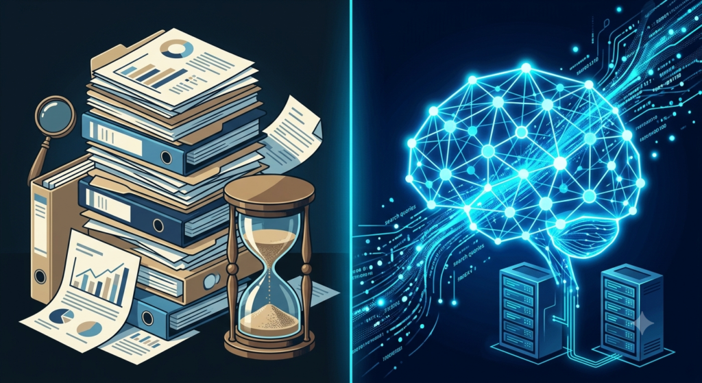 Comparison of manual SEO audits versus AI for SEO services processing data instantly